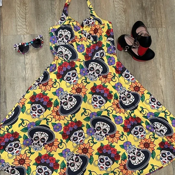 Colorful Skull Print Swing Dress - Picture 1 of 9